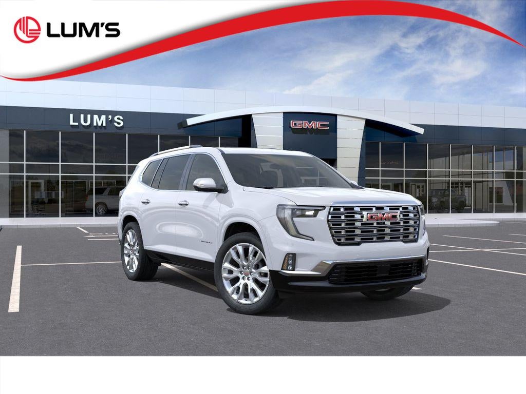2026 GMC Acadia Denali in Glacier White Tricoat — front three-quarter view